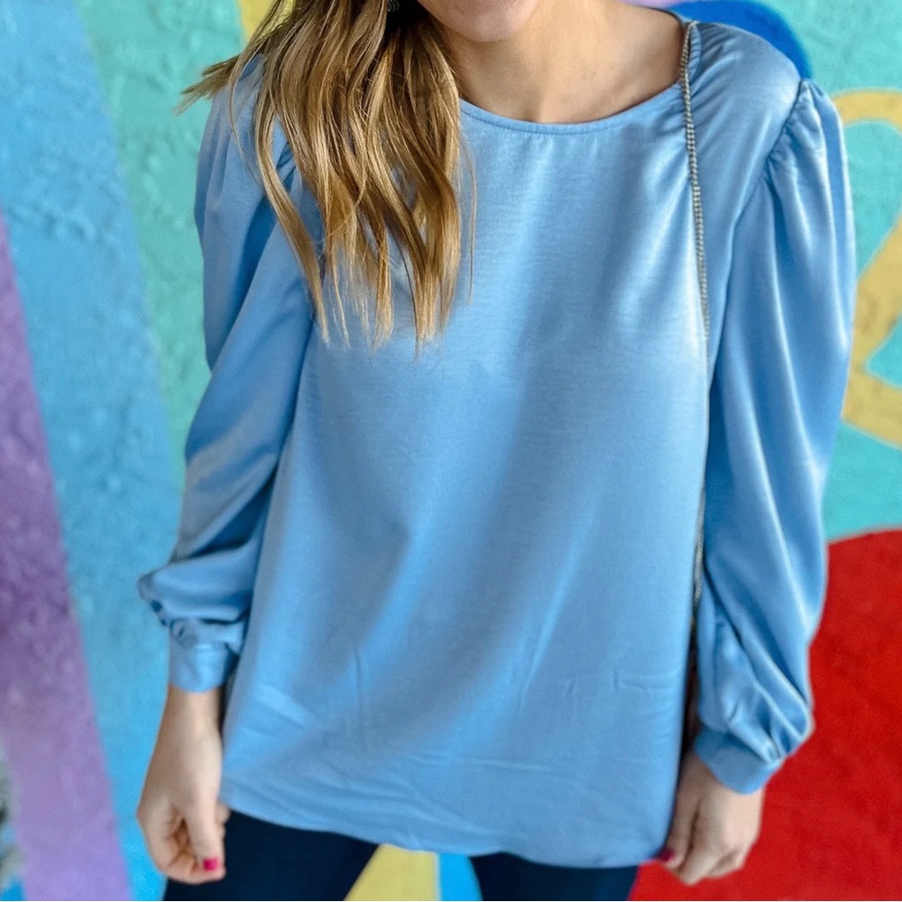 NWT Myellement Boutique Balloon Sleeve Blue Top